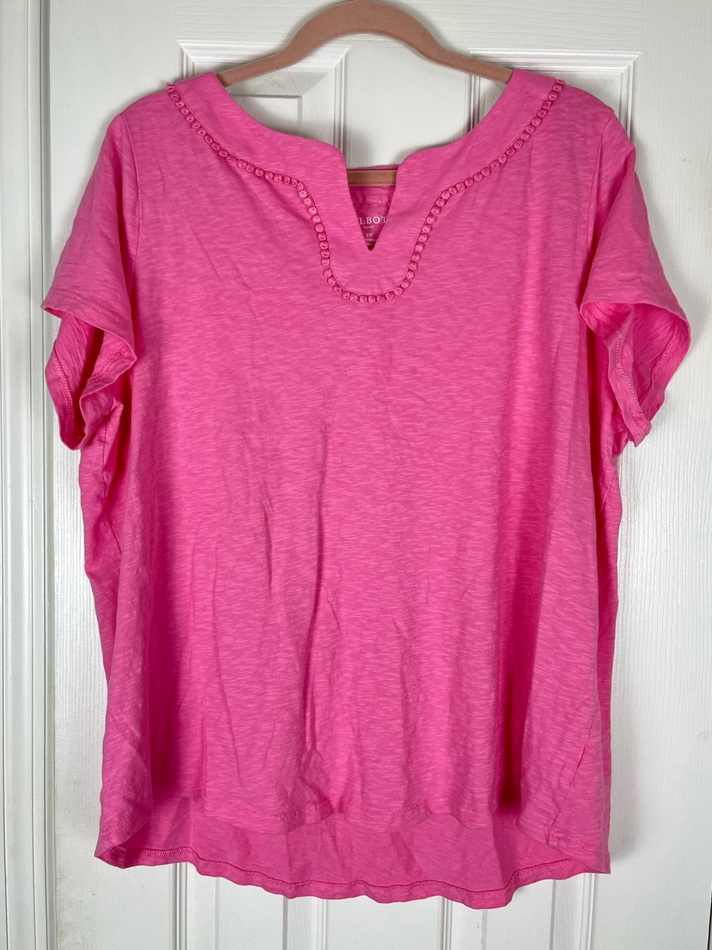 Talbots Plus Pink Cotton Top 2X V-Notch Neckline Pom Pom Trim